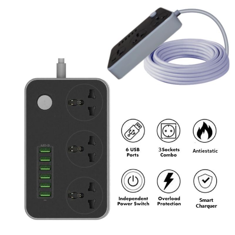 GENERICO - Extension Tomacorriente Huavi R36 6 Usb 3 Socket 2mt Smart Charguer