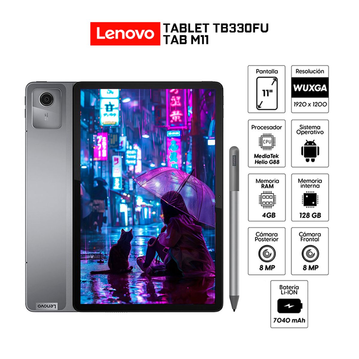 LENOVO - Tablet Lenovo Tab M11 TB330FU Pantalla 11 WUXGA IPS 4Gb Ram 128Gb Wifi+Case+Tab Pen