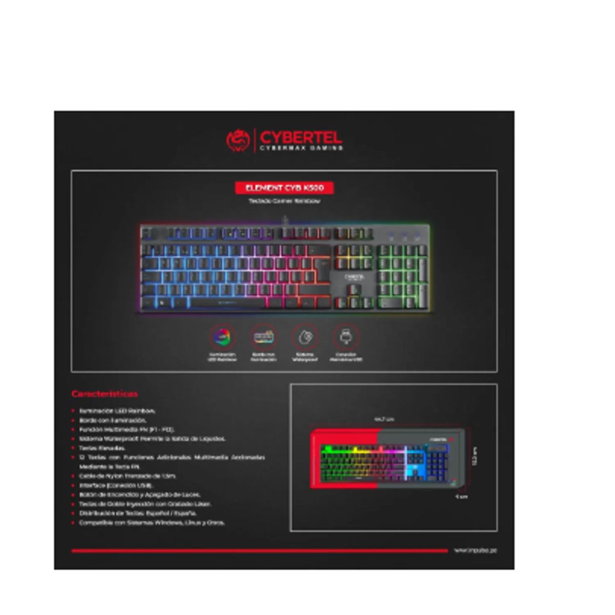 CYBERTEL - Teclado Gamer ELEMENT CYB K500 USB RAINBOW CYBERTEL
