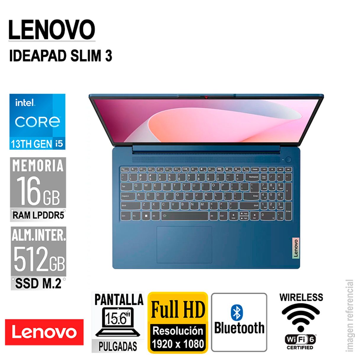 LENOVO - LAPTOP LENOVO IDEAPAD SLIM3 15IRH8 156 FHD INTEL COREI5-13420H 46GHZ 16GB SIN SISTEMA OPERATIVO