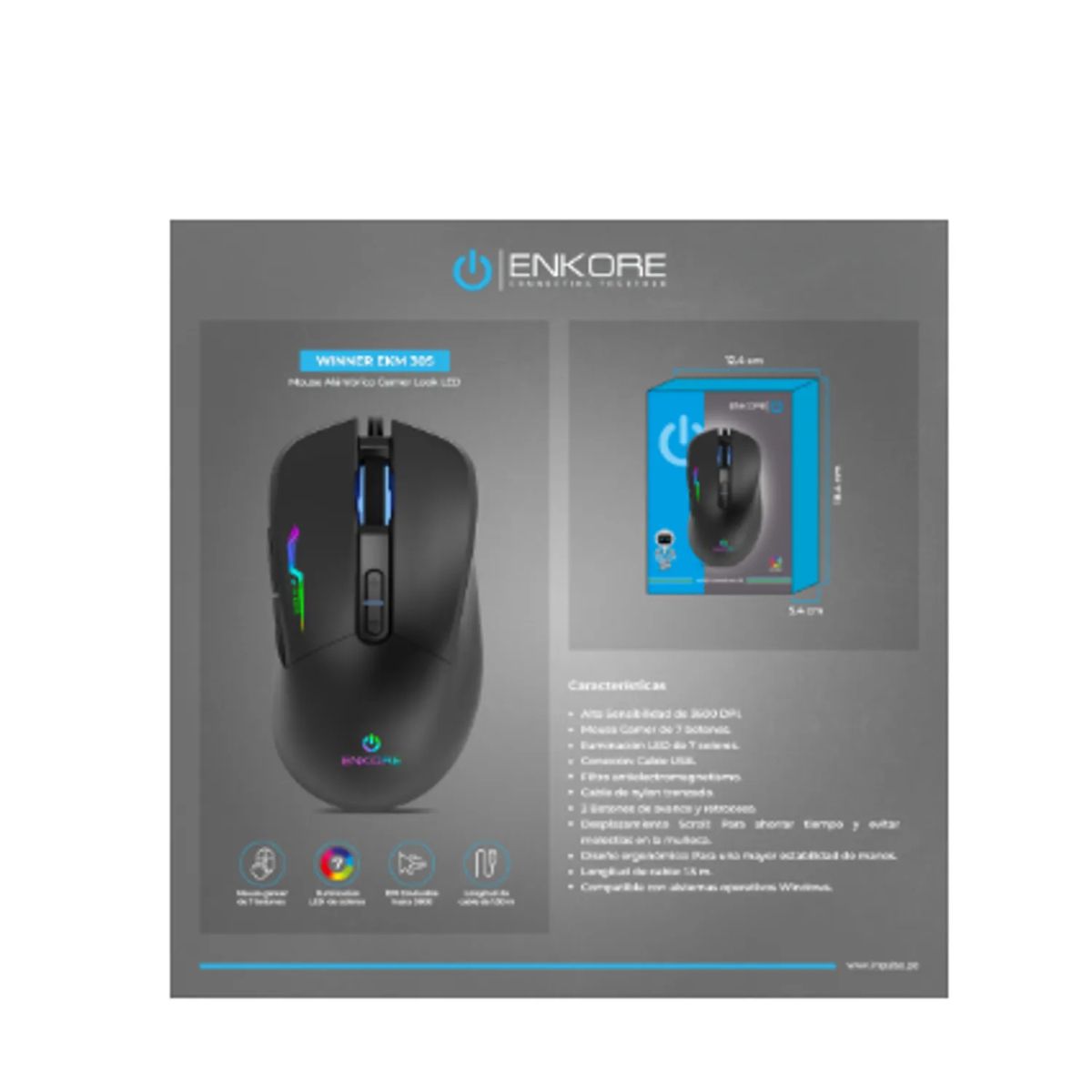 ENKORE - Mouse Gamer USB Winner EKM305 7LEDS 7B 3600DPI - Enkore