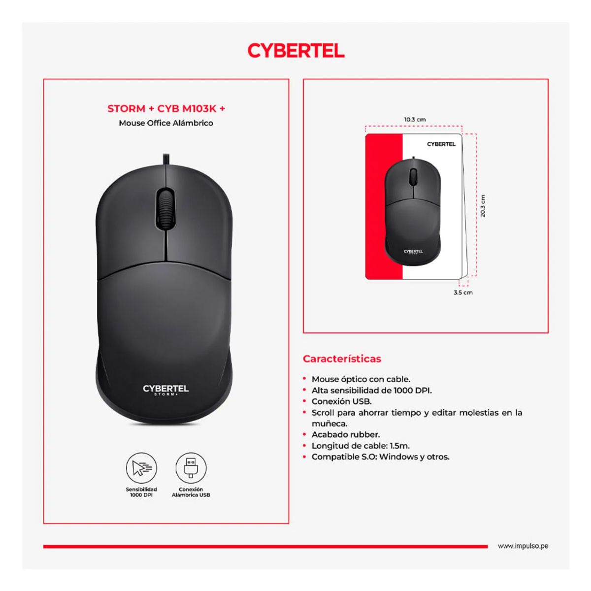 CYBERTEL - Mouse Óptico Cybertel Storm Cyb M103K 1000 Dpi Negro