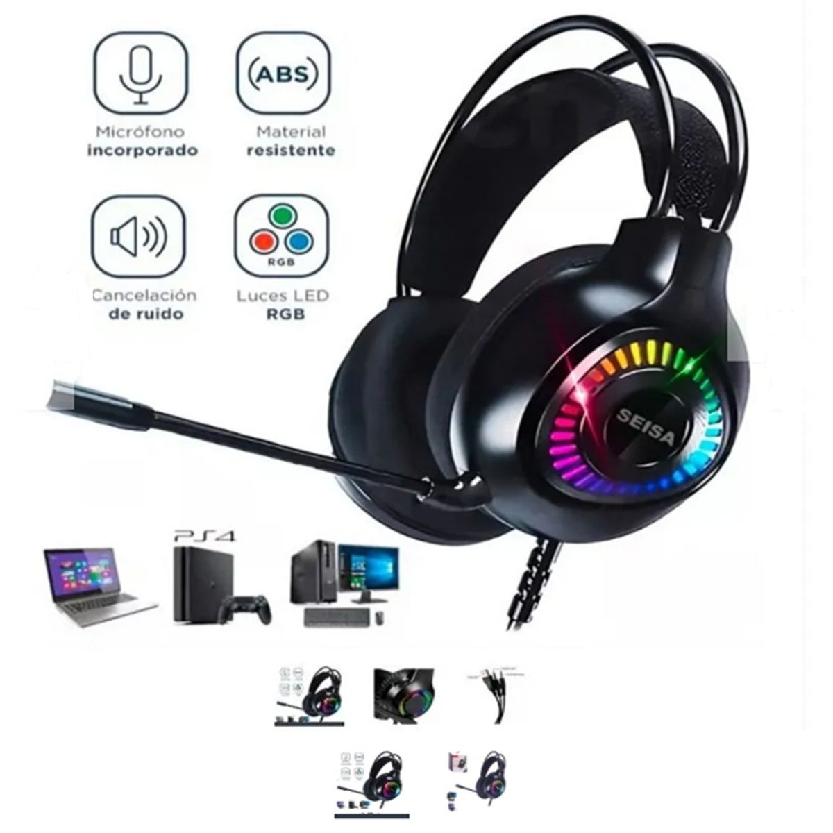 SEISA - Audifono Gamer RBG con Microfono Luz Led Pc y Laptop PS4