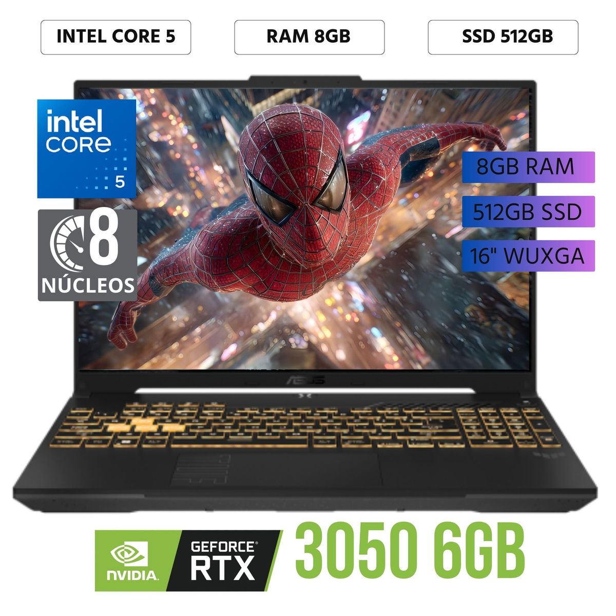 ASUS - Laptop Asus TUF Gaming F16 Intel Core 5 - 210H, 16"WUXGA, Ram 8GB, 512GB SSD,RTX 3050 6Gb, FreeDos