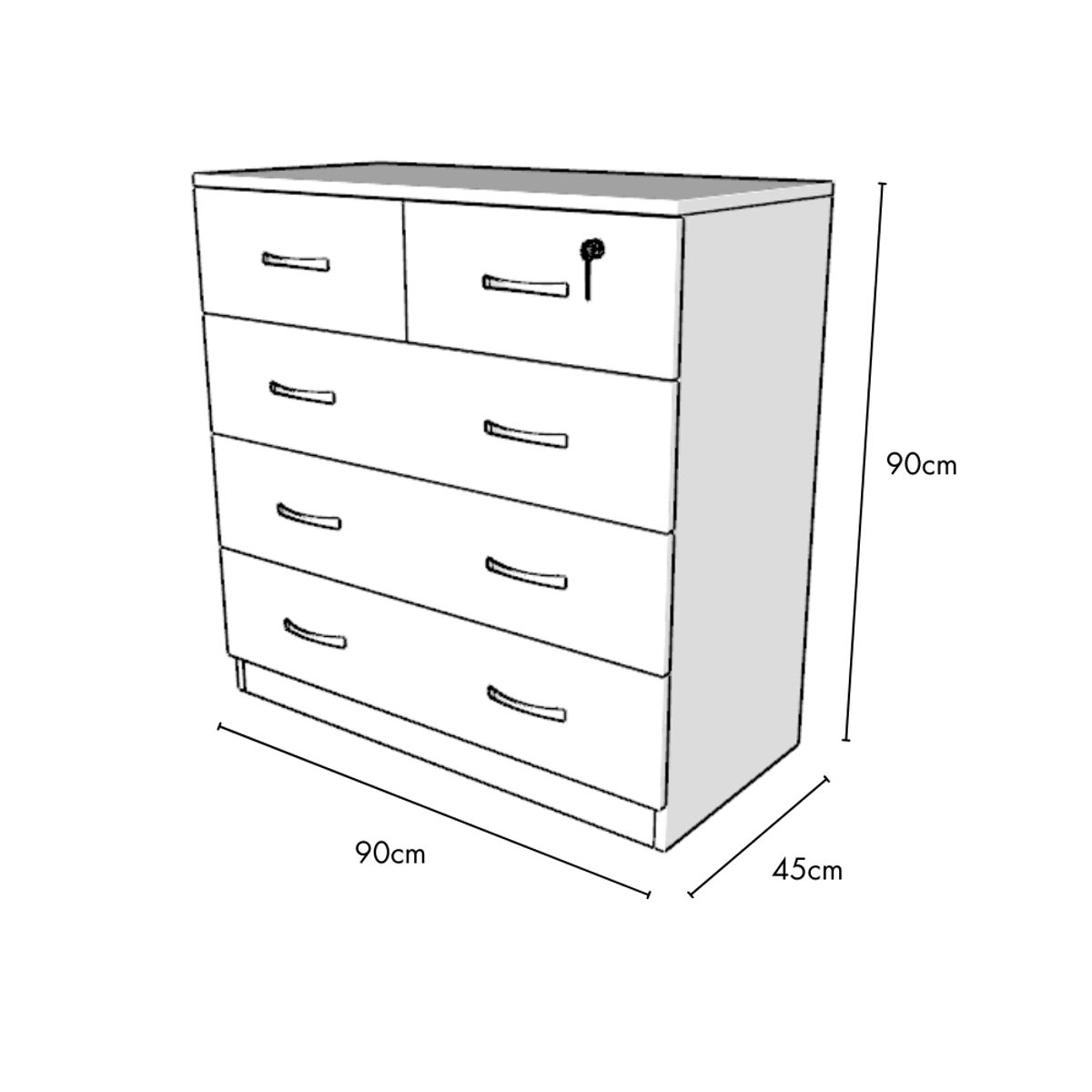 MUEBLES MACRUMO - Cómoda 90cm - 5 Cajones Vienes con cajón con seguro