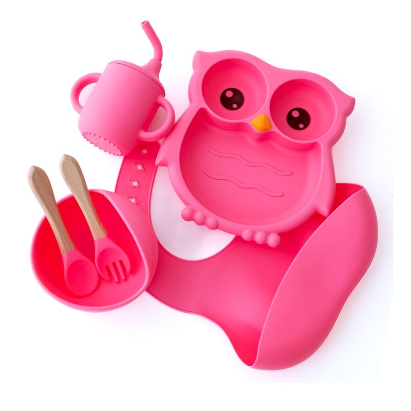 GENERICO - Set de Alimentación Babero de Silicona Búho Rosado