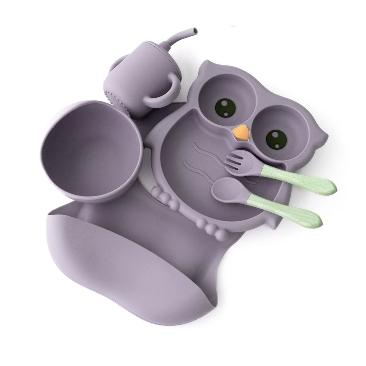 GENERICO - Set de Alimentación Babero de Silicona Búho Lila