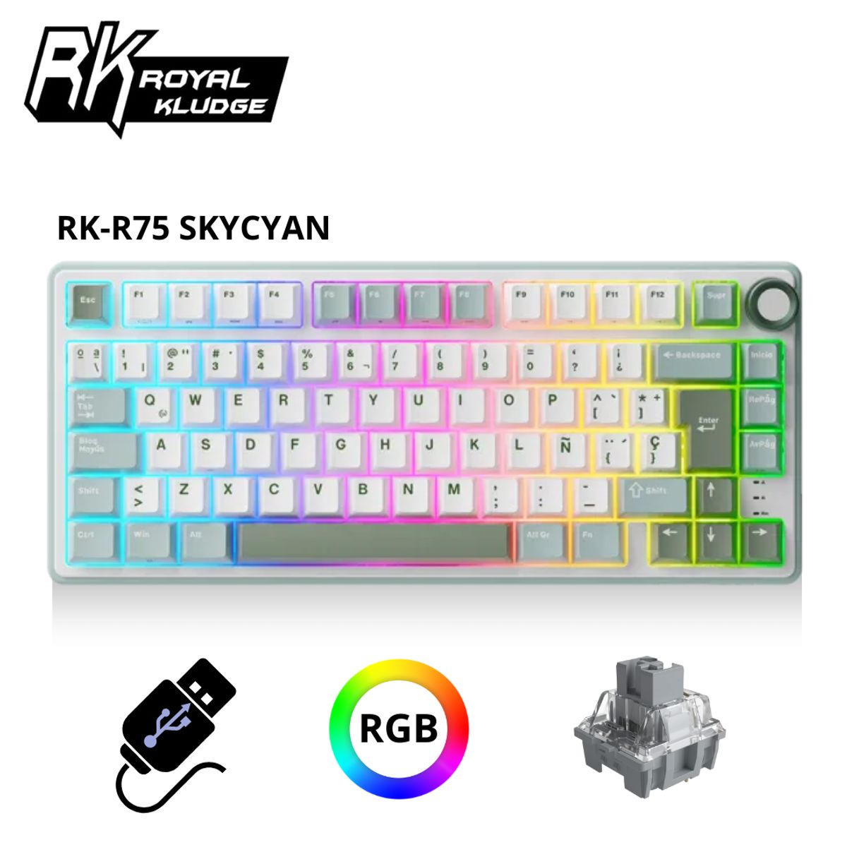 ROYAL KLUDGE - Teclado Royal Kludge RK R75 Cableado SKYCYAN - K SILVER SWITCH
