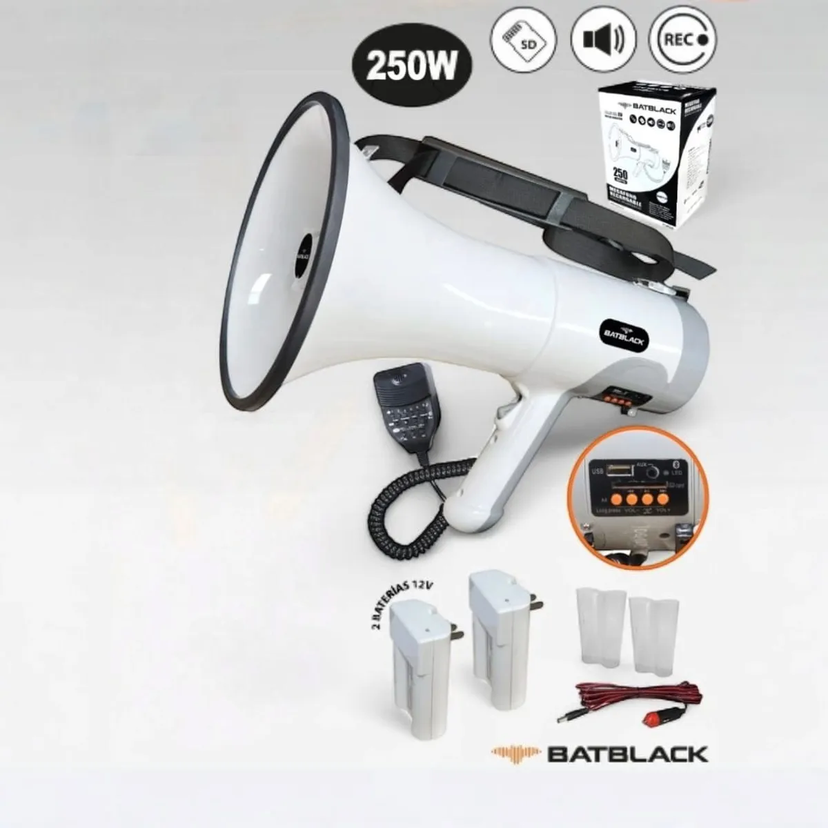 BATBLACK - Megáfono Recargable 250W con Sirena Bluetooth y USB BT-MF250 BATBLACK