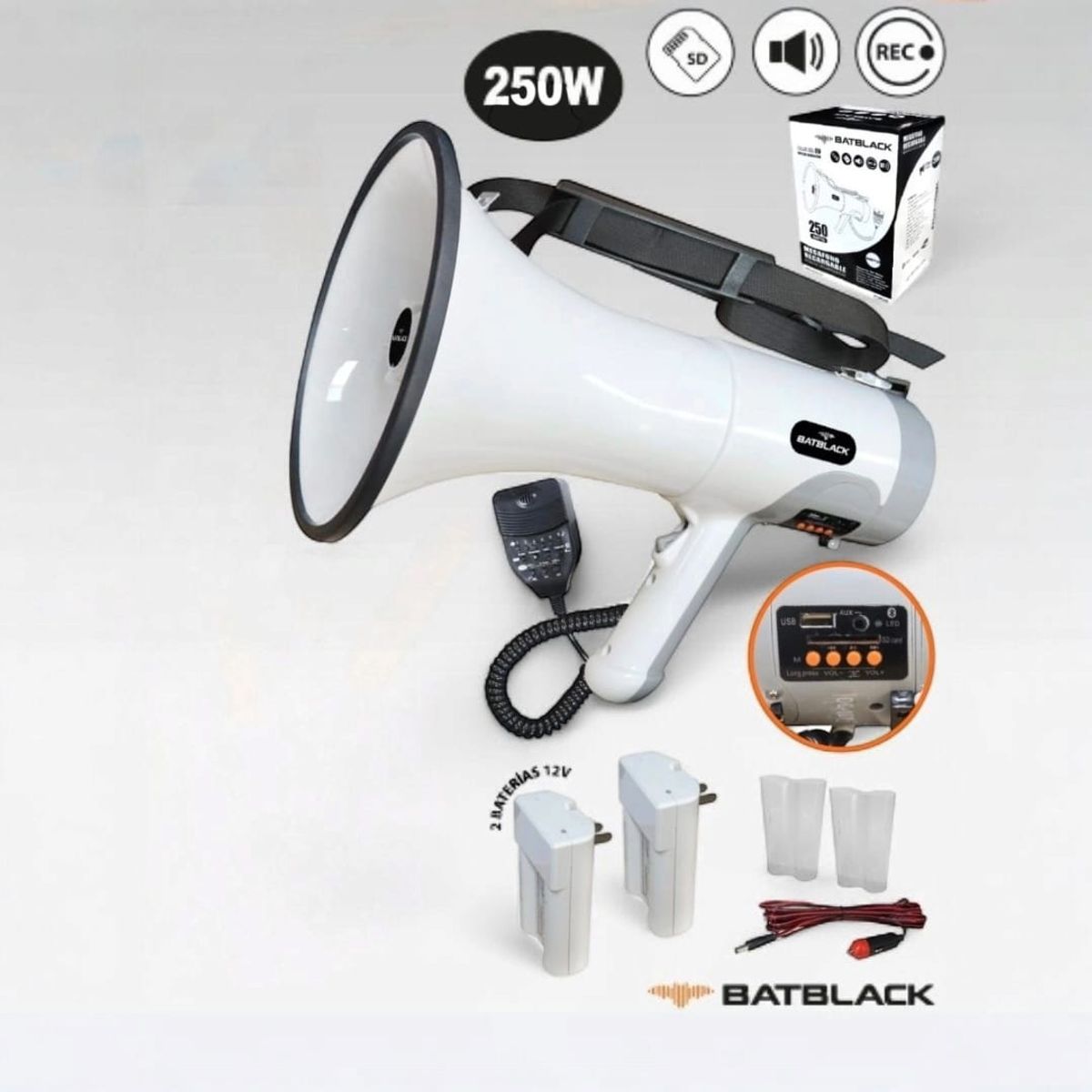 BATBLACK - Megáfono Recargable 250W con Sirena Bluetooth y USB BT-MF250 BATBLACK