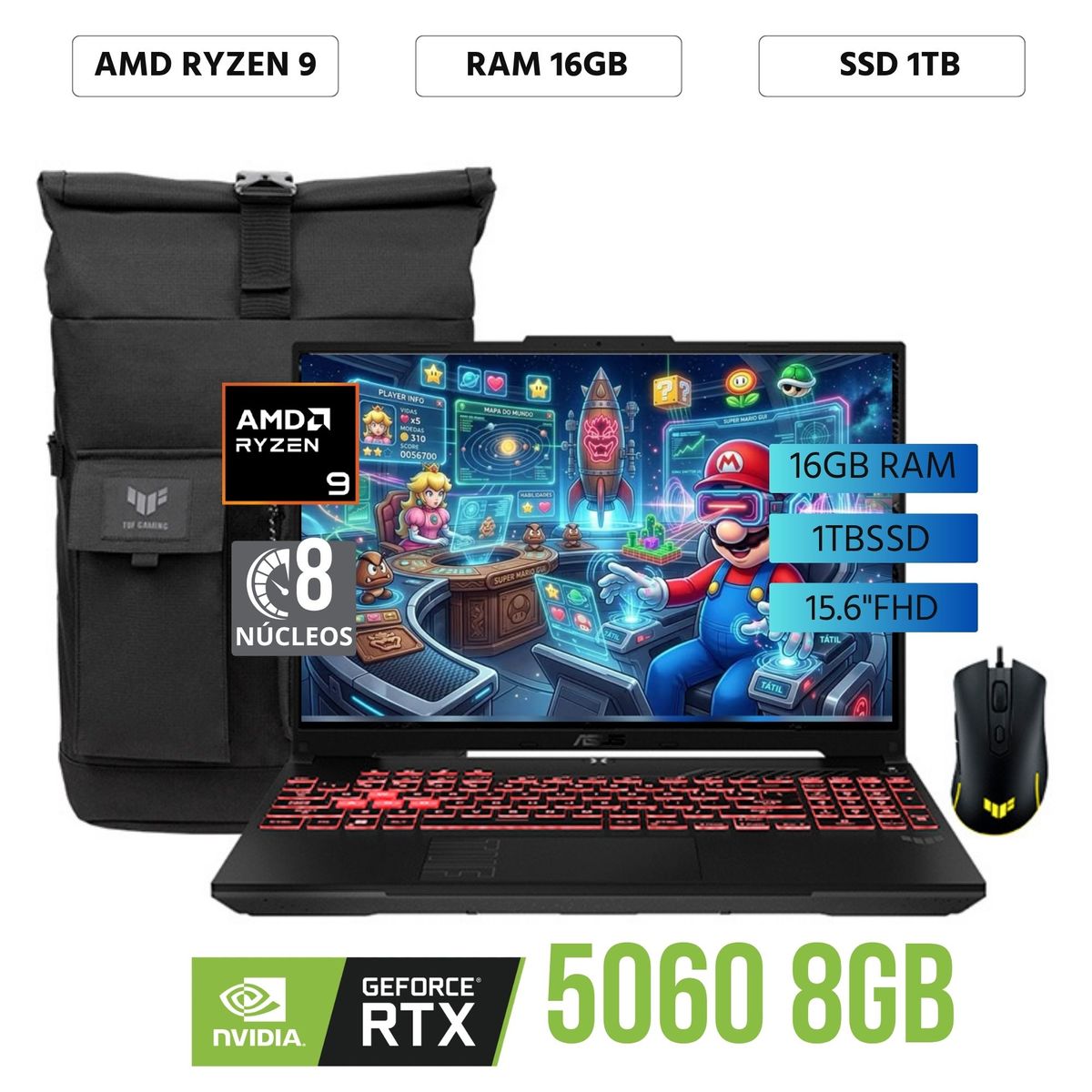 ASUS - Laptop Asus Tuf FA608PM-RV078 AMD Ryzen 9 8940HX Ram 16Gb SSD 1Tb 1 RTX 5060 8Gb 16"WUXGA FreeDos