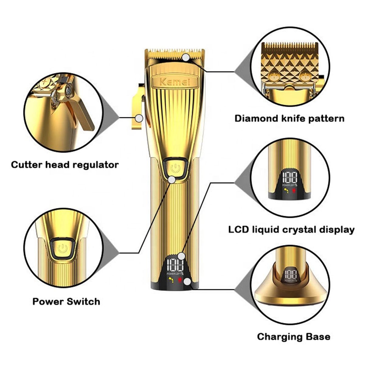 KEMEI - Cortadora de Cabello Kemei KM-K32S con Base de Carga Dorado