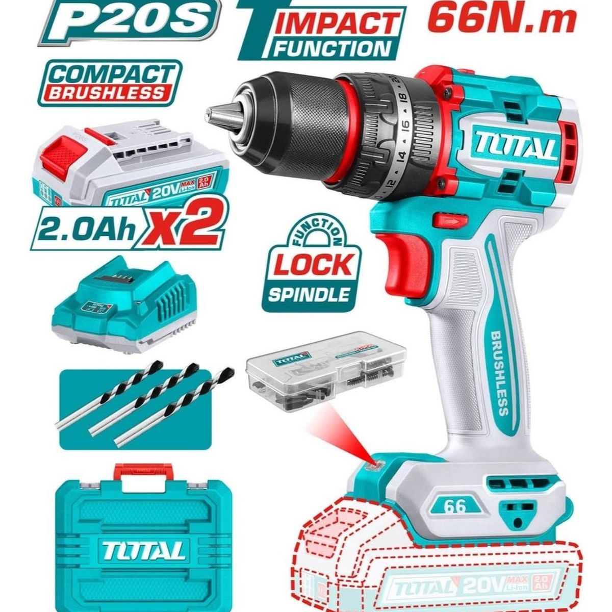 TOTAL TOOLS - Taladro Percutor Atornillador 12 66nm 20v TIDLI20668 Total