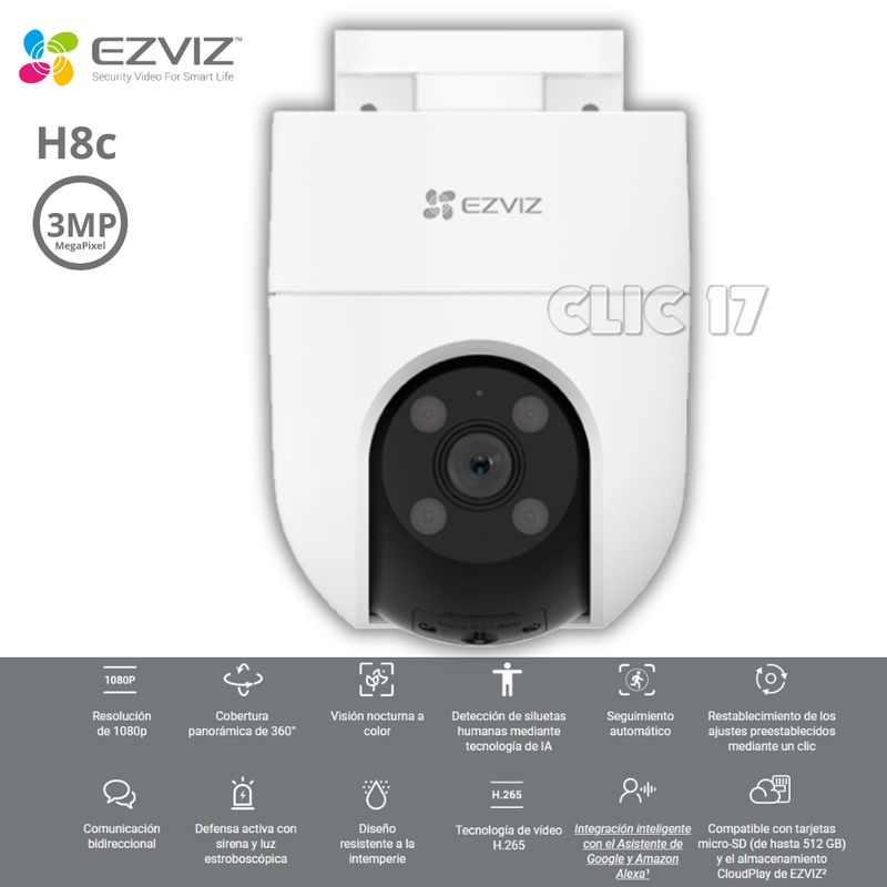 EZVIZ - Cámara de Seguridad EZVIZ H8C Pro Externo 3MP 360° WIFI con IA Alexa