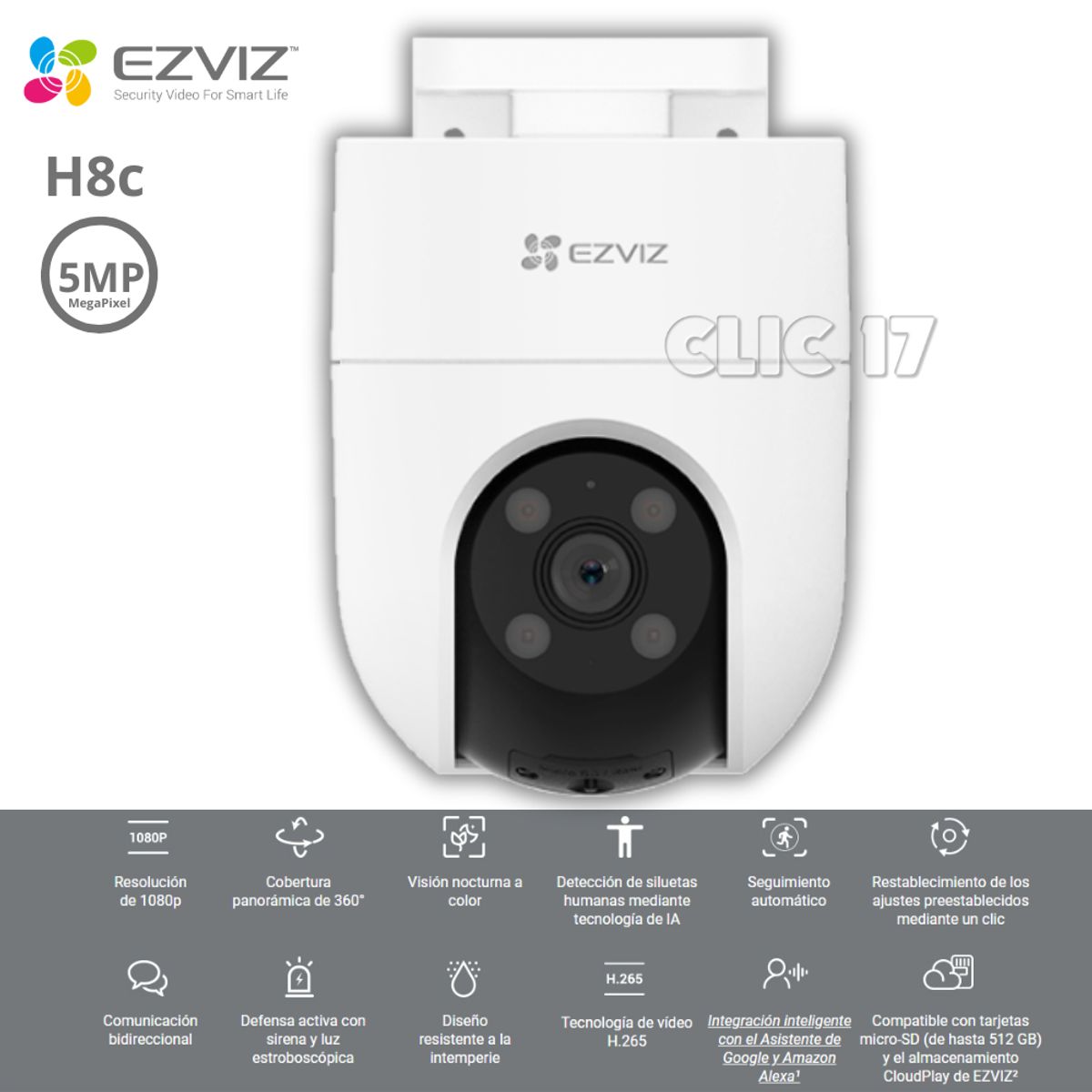 EZVIZ - Cámara de Seguridad EZVIZ H8C Pro Externo 5MP 360° WIFI con IA Alexa