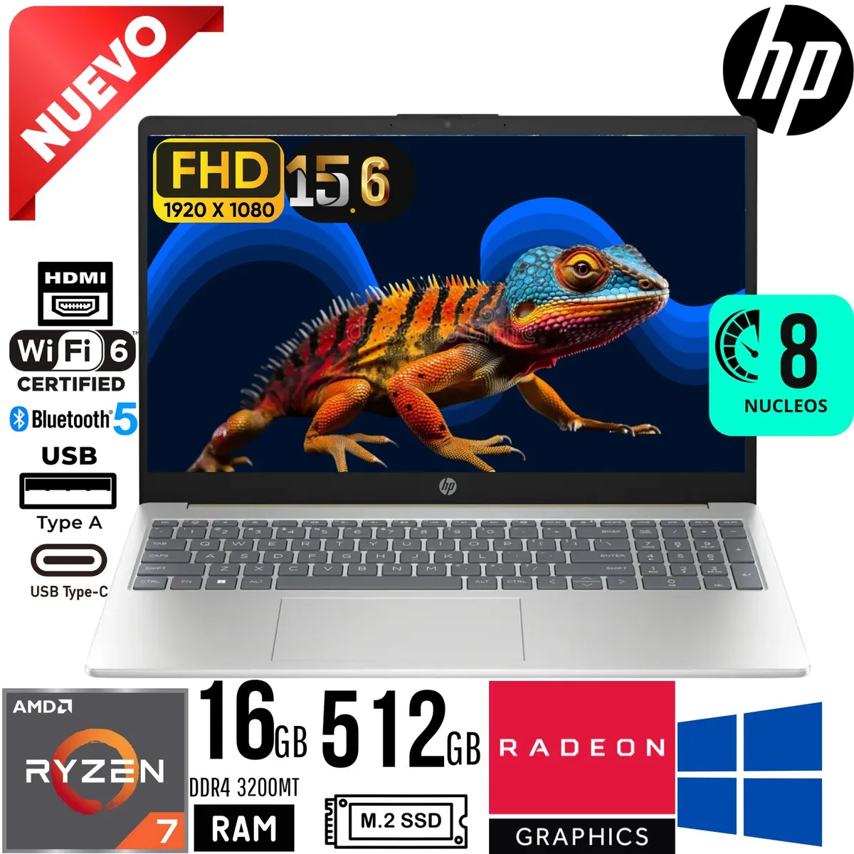 HP - LAPTOP HP 15 FC0275LA Ryzen 7 7730U 15.6" FULL HD RAM 16GB SSD 512GB Free Dos