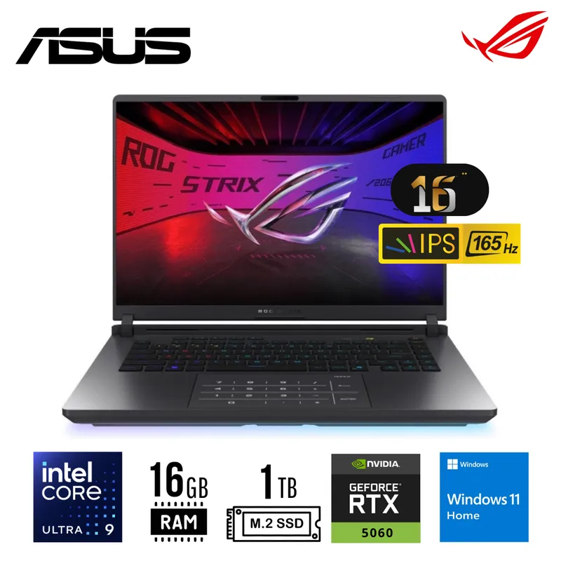 ASUS - LAPTOP ASUS GAMING ROG STRIX G16 ULTRA CORE 9 275HX RAM 16GB SSD 1TB RTX 5060 8GB 16" WUXGA WIN 11