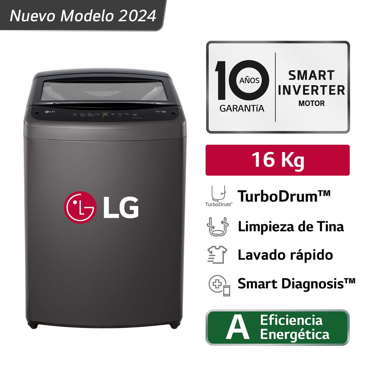 LG - Lavadora LG 16 Kg TurboDrum Carga Superior WT16BVTB Negro