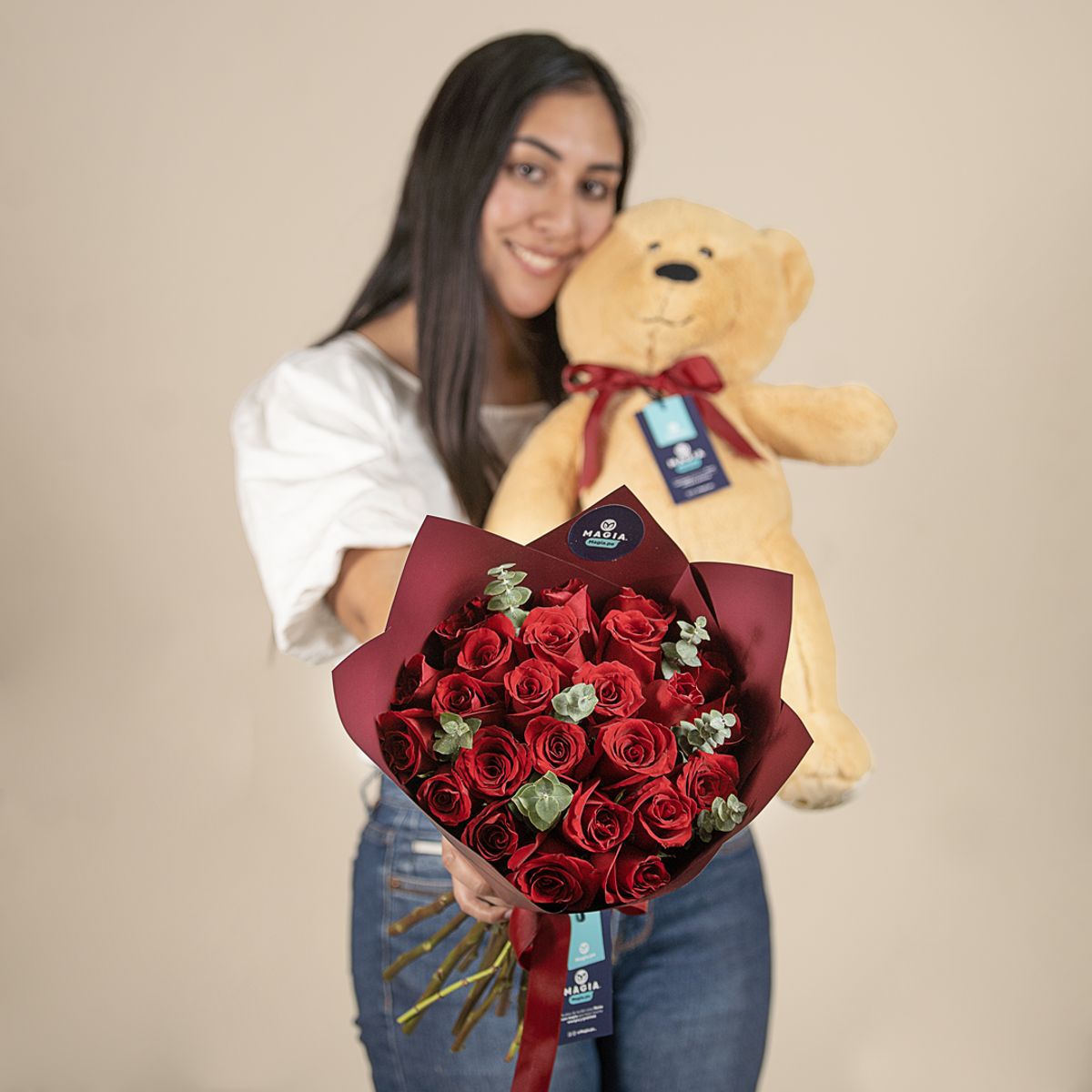 MAGIA PE - Ramo flores rojas y peluche -Pack Amor Eterno- Magiape