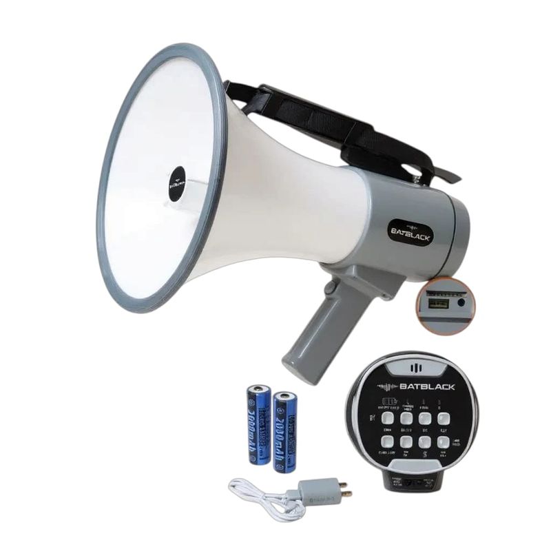 BATBLACK - Megáfono Recargable 120W con Sirena Bluetooth y USB BT-MF98 BATBLACK