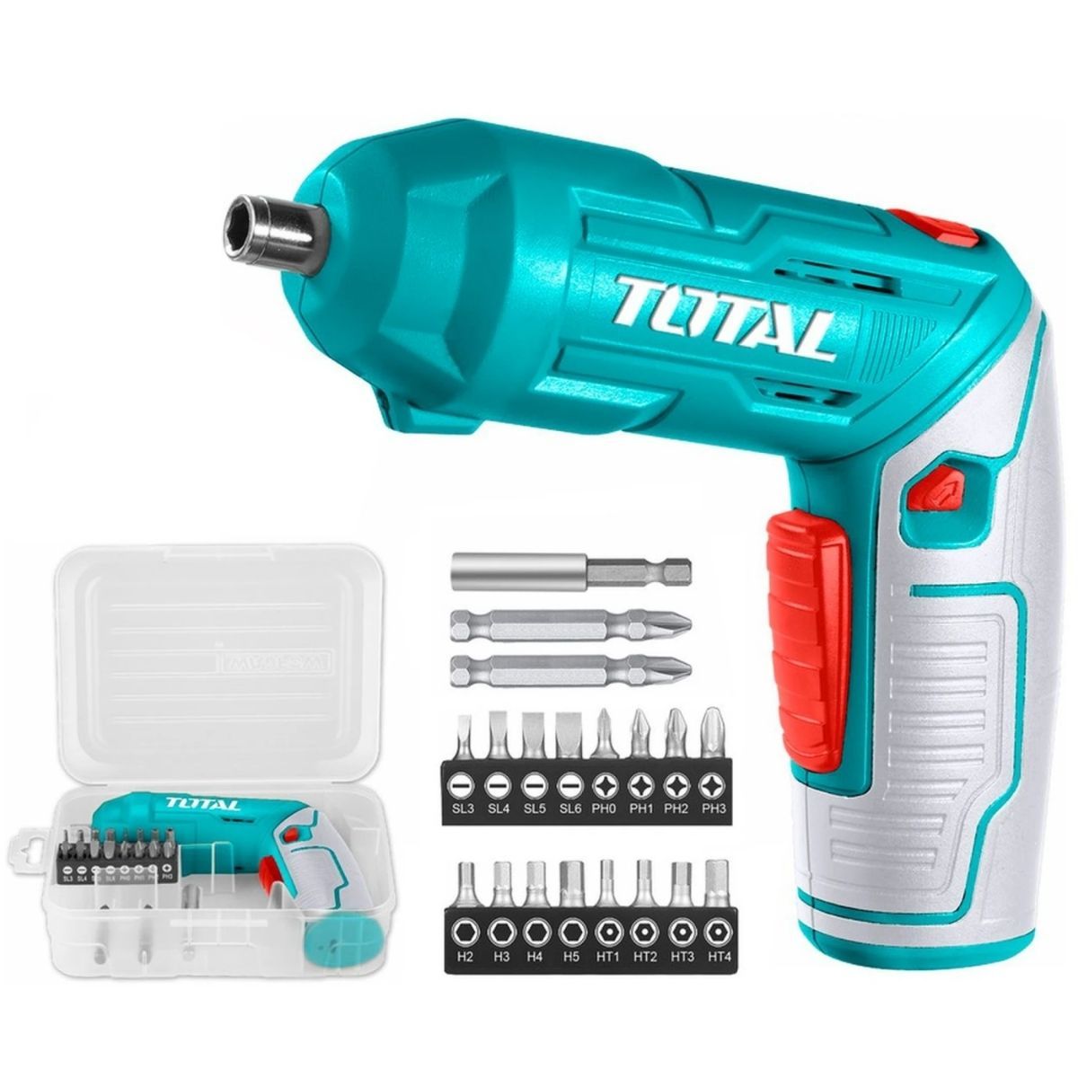 TOTAL TOOLS - Atornillador 4V + Estuche + 18 pz Taladro TSDLI0442 Total