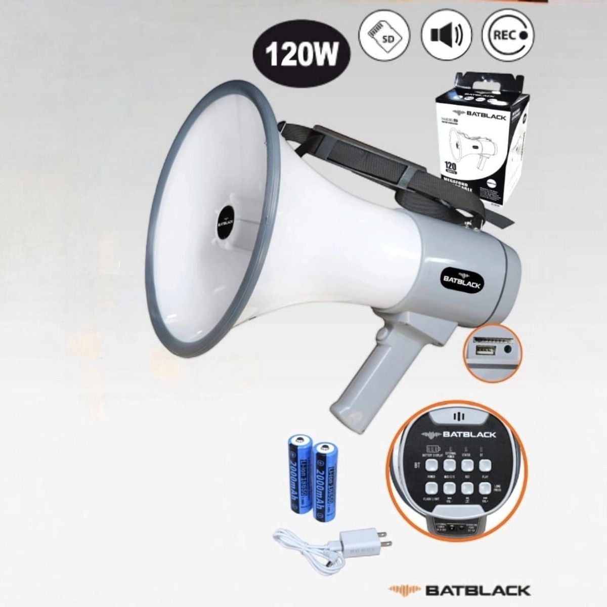 BATBLACK - Megáfono Recargable 120W con Sirena Bluetooth y USB BT-MF98 BATBLACK