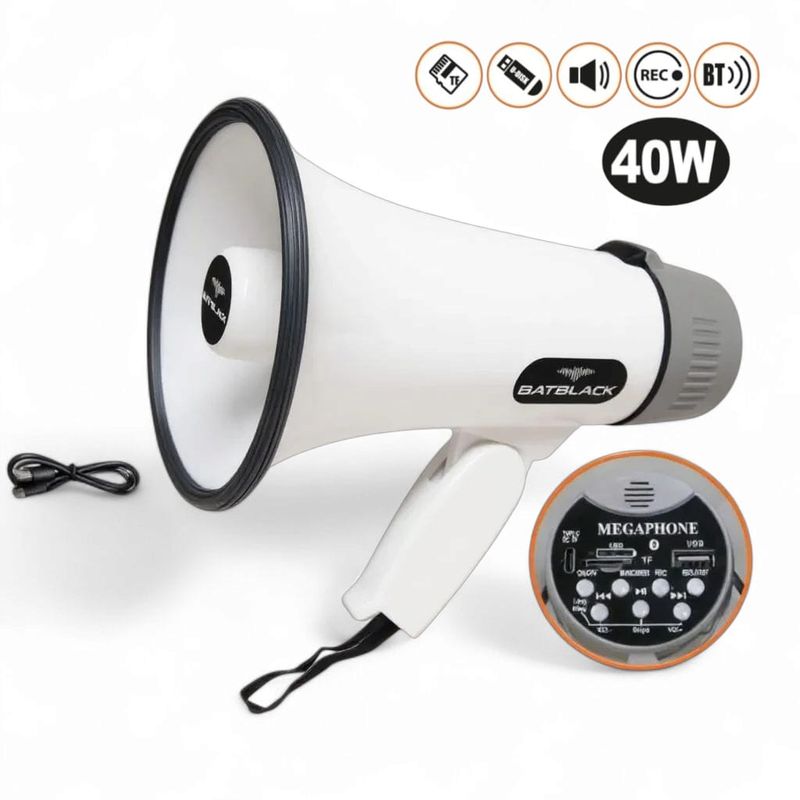 BATBLACK - Megáfono Recargable 40W con Sirena Bluetooth y USB BT-MF32 BATBLACK