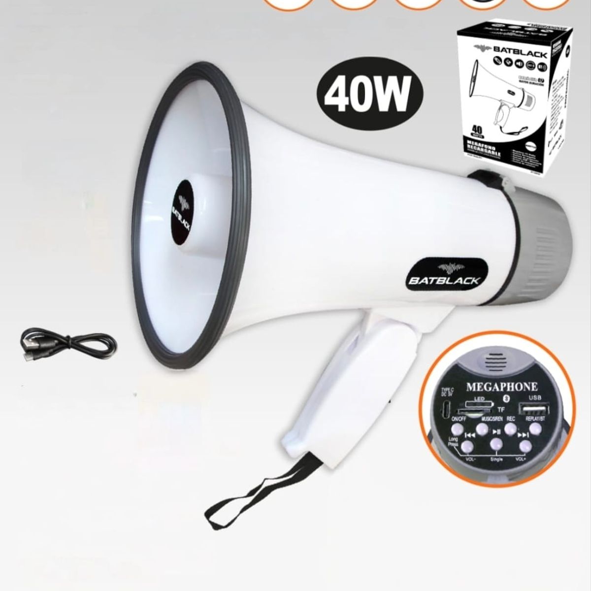 BATBLACK - Megáfono Recargable 40W con Sirena Bluetooth y USB BT-MF32 BATBLACK