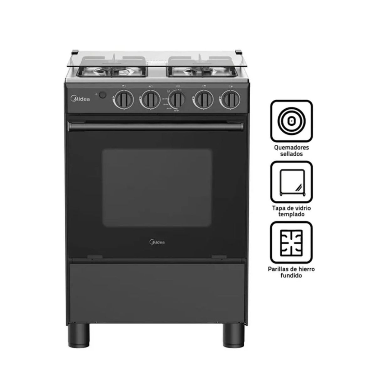 MIDEA - COCINA DE PIE MIDEA A GAS 4 HORNILLAS NEGRO - MGS24FS2LFABBC-PE