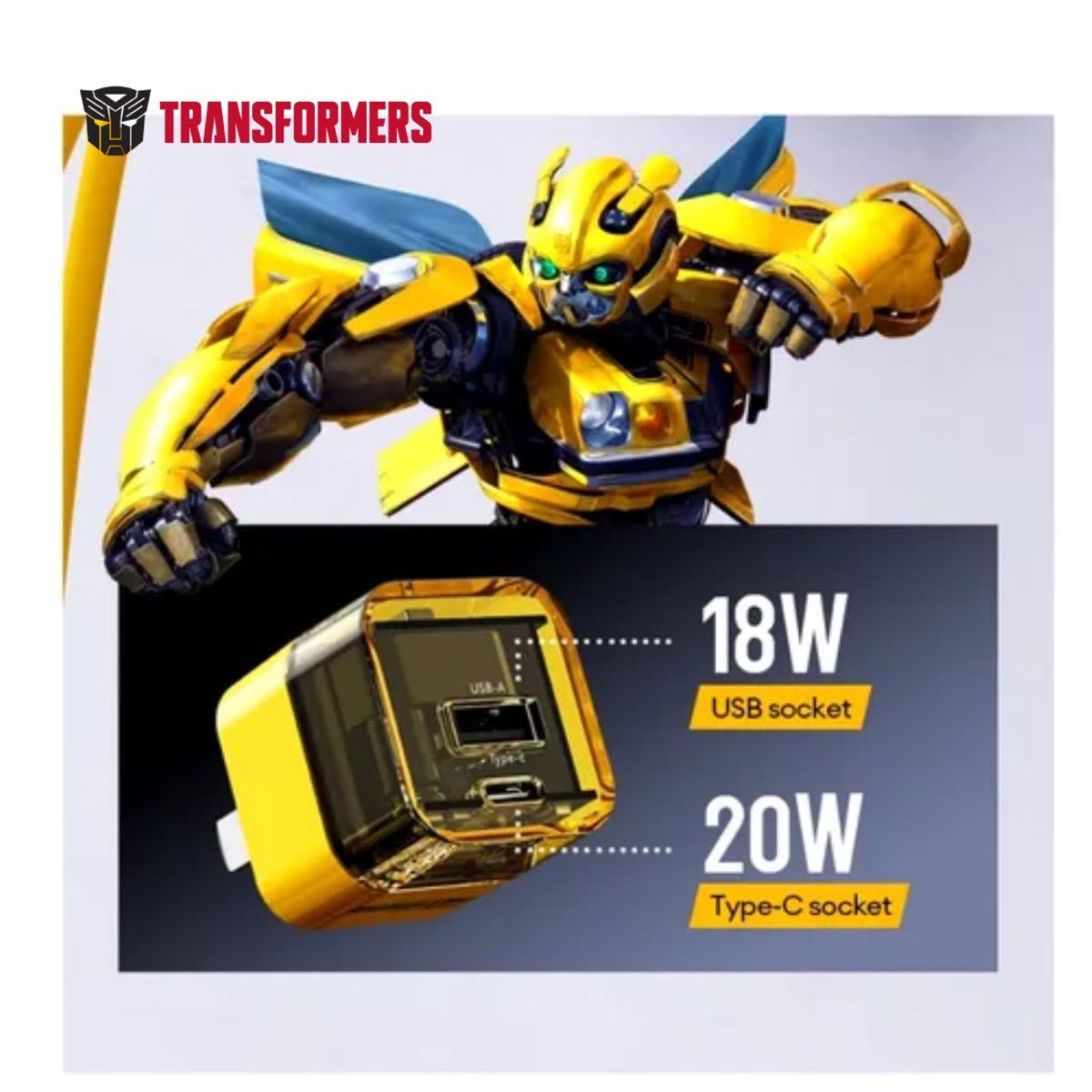 TRANSFORMERS - Cargador De Pared 20W Con Conector USB-C y USB-A Transformers TF-K05 Amarillo