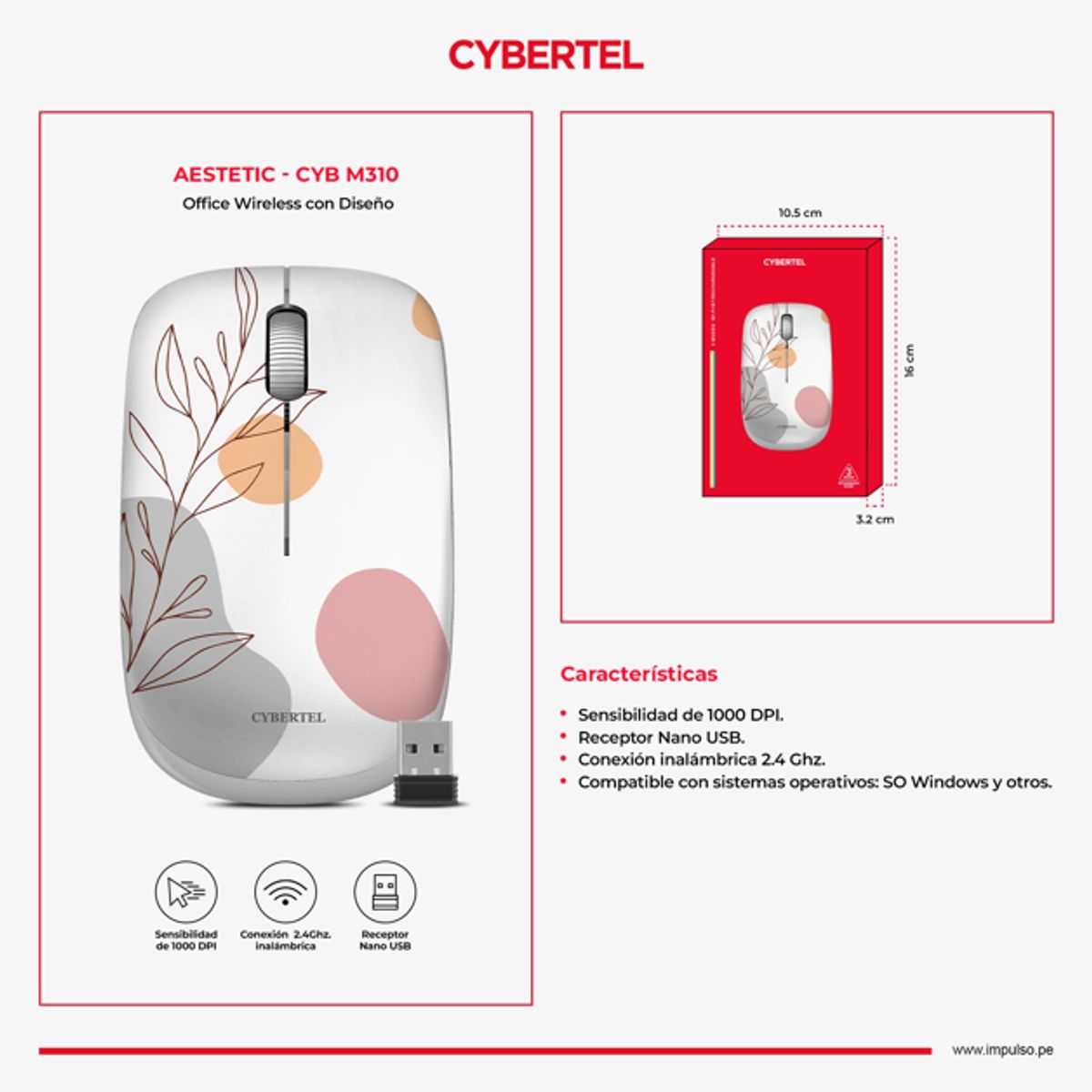 CYBERTEL - Mouse inalámbrico con Diseño 1000DPI Cybertel  Aestetic CYB M310