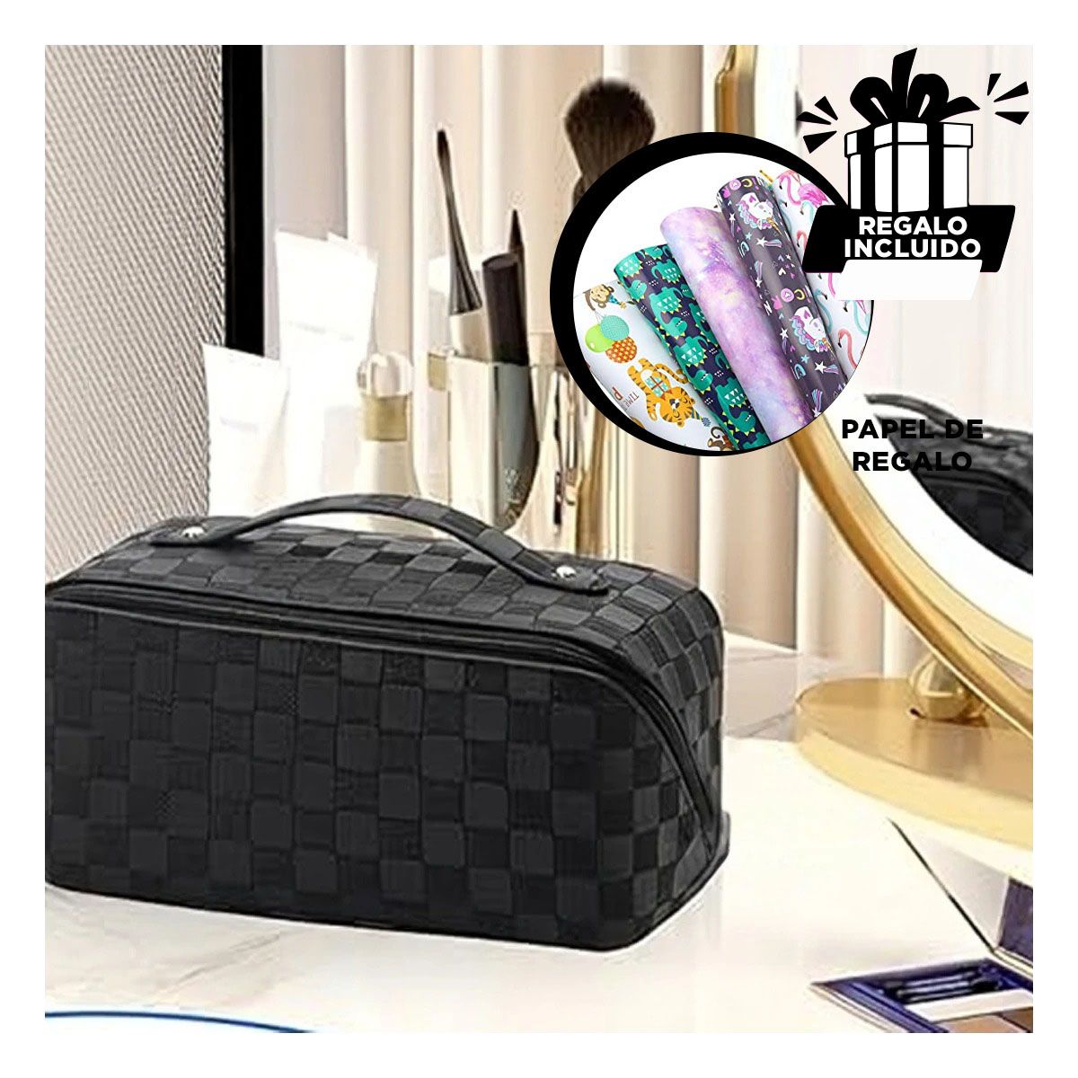 RYBIU IMPORT - Pack12 Cosmetiquero Pequeño en Negro Y+Papel de Regalo