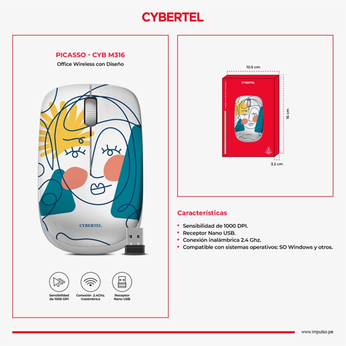 CYBERTEL - Mouse inalámbrico con Diseño 1000DPI Cybertel Picasso CYB M316