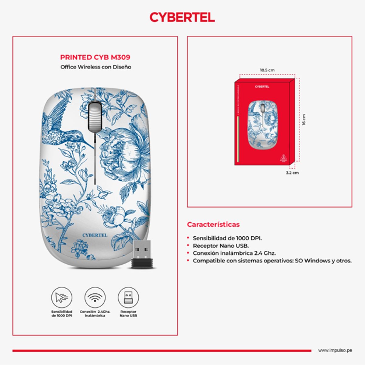 CYBERTEL - Mouse inalámbrico con Diseño 1000DPI Cybertel Printed CYB M309
