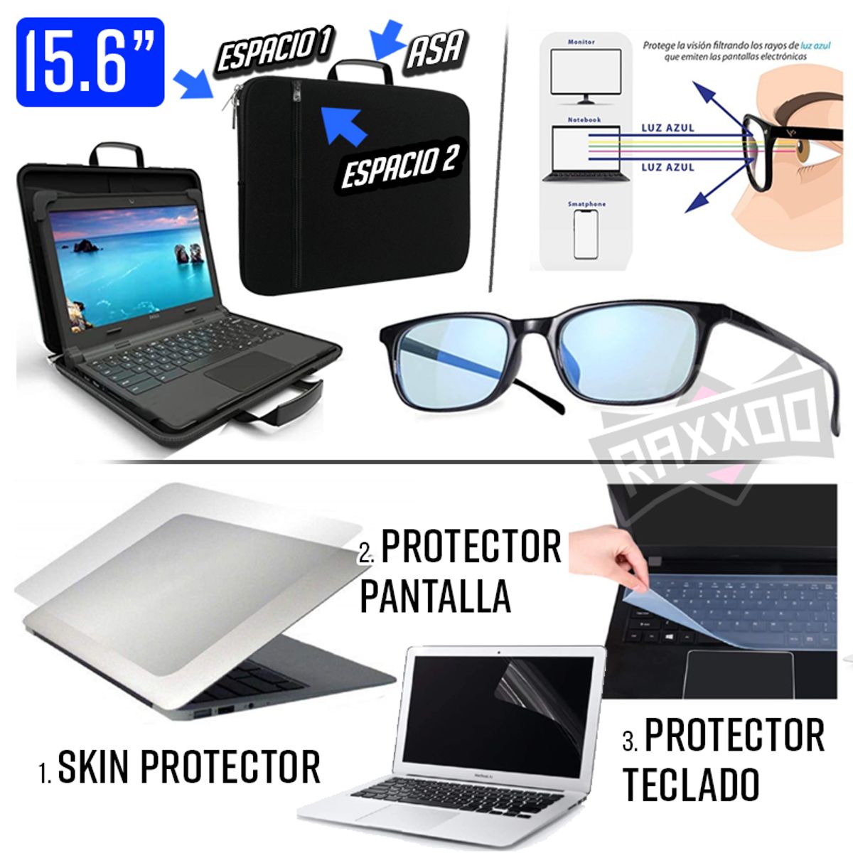 GENERICO - Maletin para Laptop 15 a 15.5 + Kit Skin + Lentes filtro azul pc