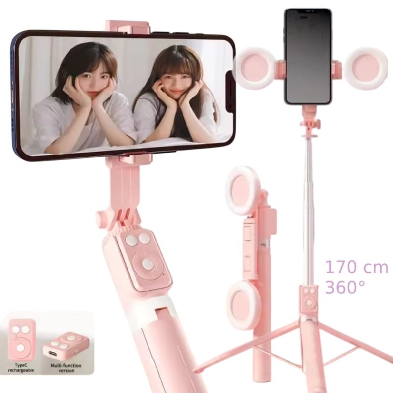 GENERICO - Tripode para Celular Control Bluetooth Luz Led 170cm Rosa Palo Selfie