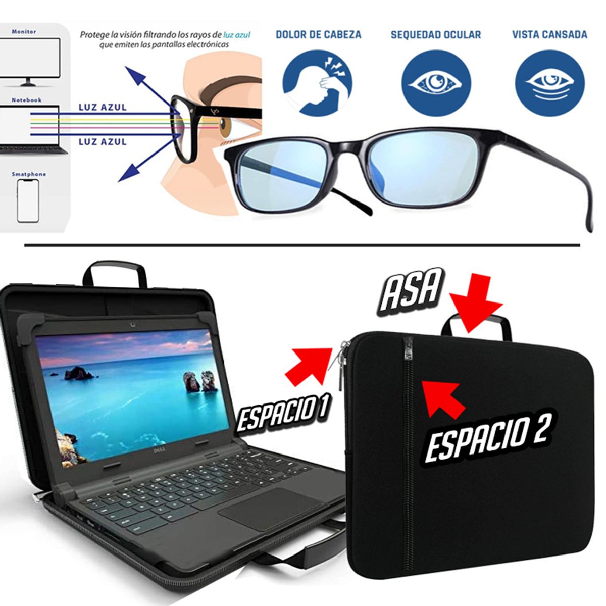 GENERICO - Kit funda maletin laptop 15 a 16 + lentes computadora filtro azul