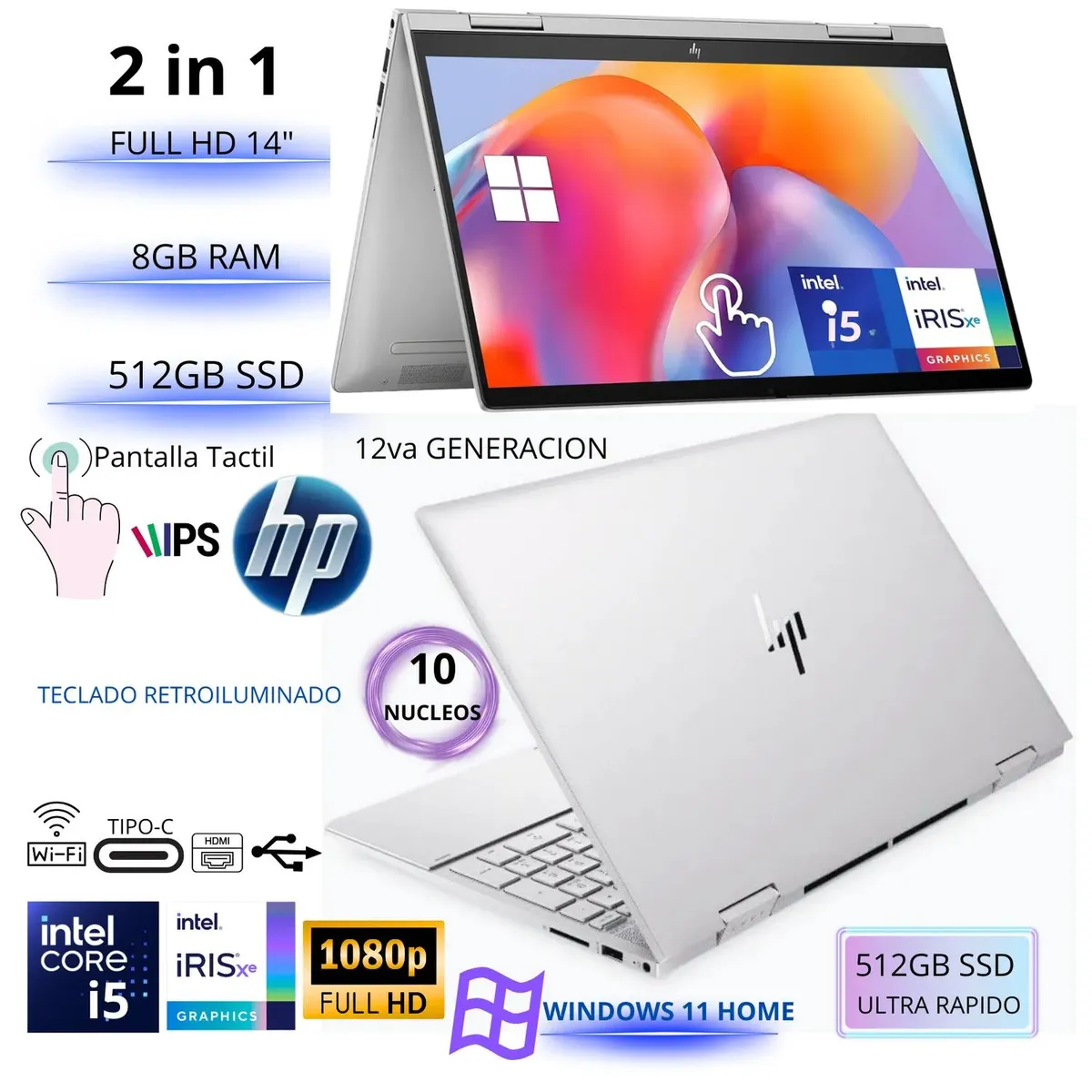 HP - Laptop HP 2 en 1 Envy X360 14-ES1013DX Intel Core i5-120U 8GB RAM 512GB SSD 14" FHD IPS Tactil 9R8R2UA