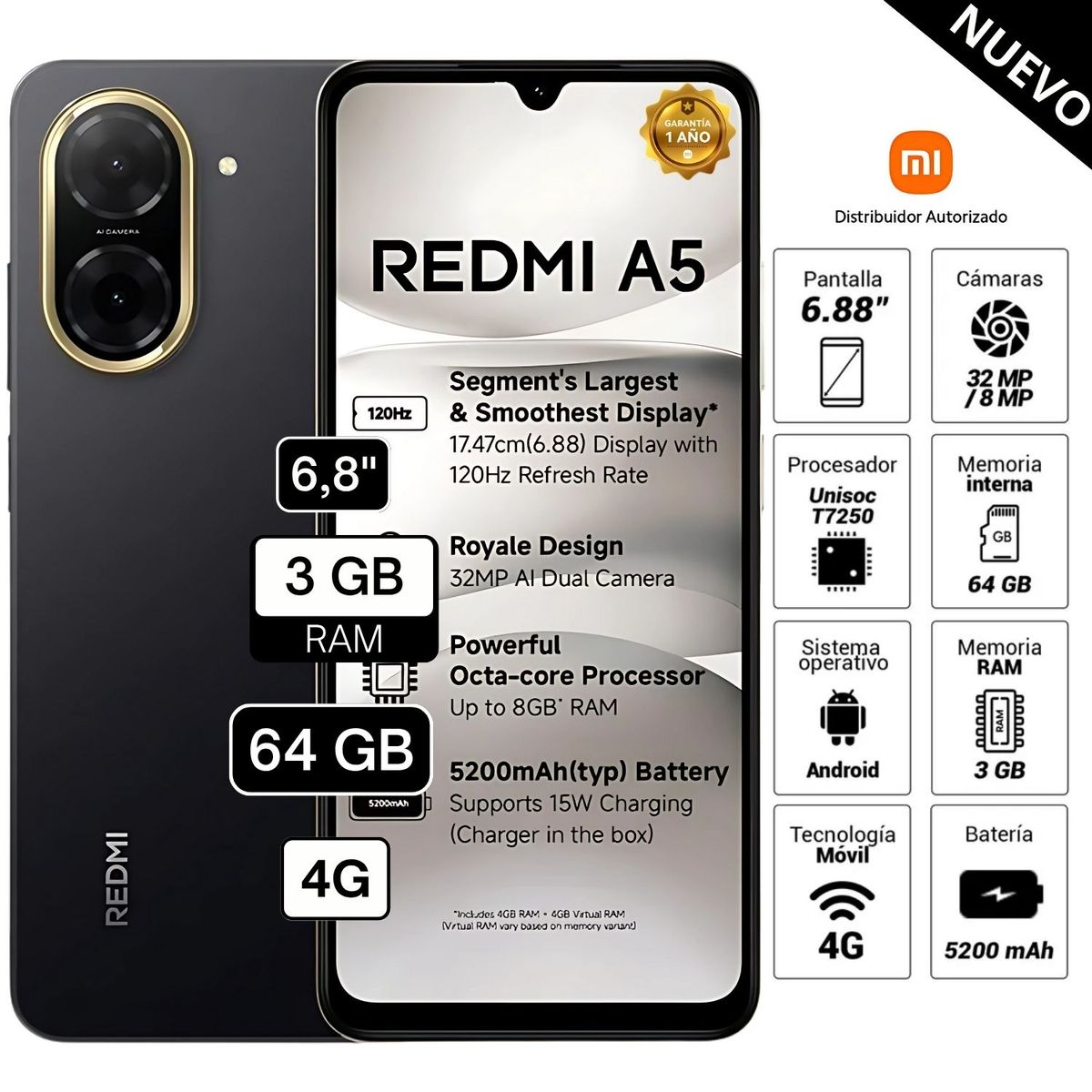 REDMI - Celular Xiaomi Redmi A5 4G 64GB 3GB RAM cámara principal 32MP frontal 8MP 6,8 Negro