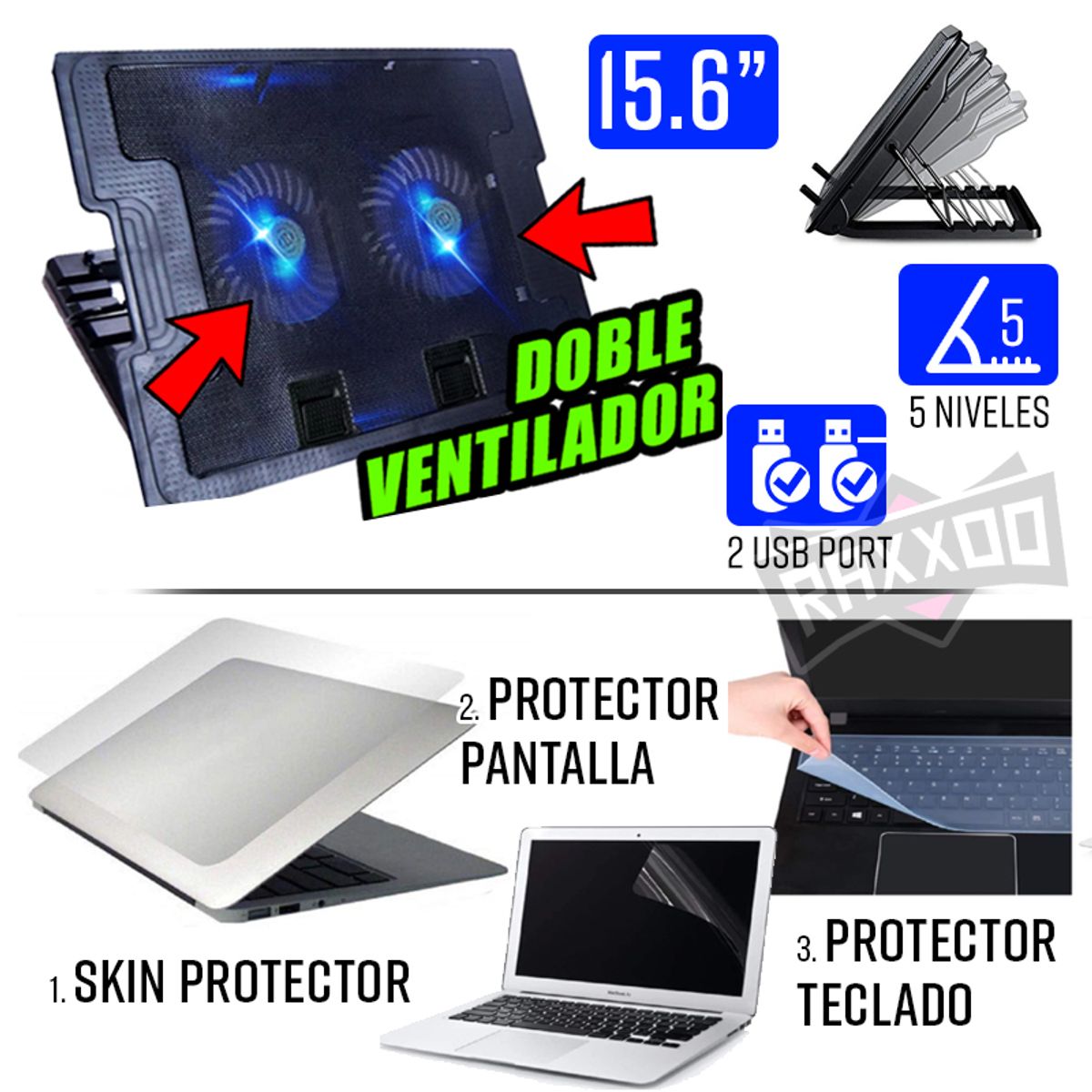 GENERICO - Kit cooler doble led p laptop 15.6 + skin protector pantalla teclado