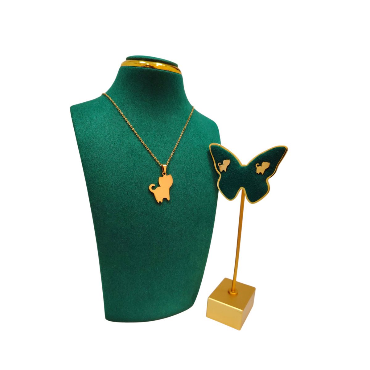 GENERICO - Pack Acero Collar con dije y Aretes - Silueta Gato M4 Dorado