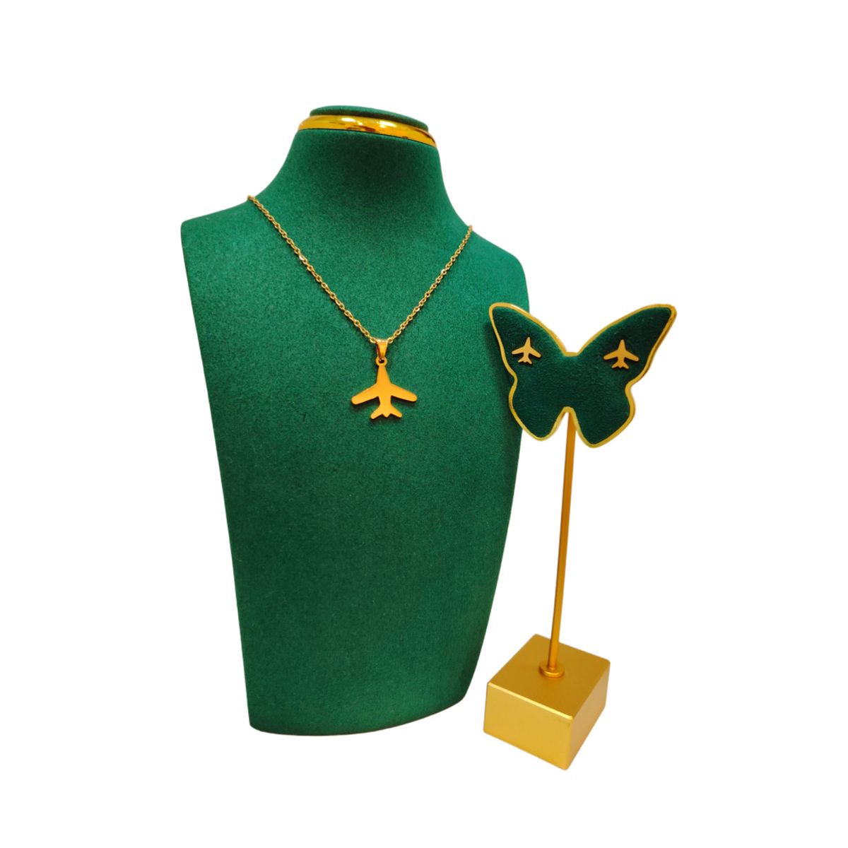 GENERICO - Pack Acero Collar con dije y Aretes - Avion Full M2 Dorado