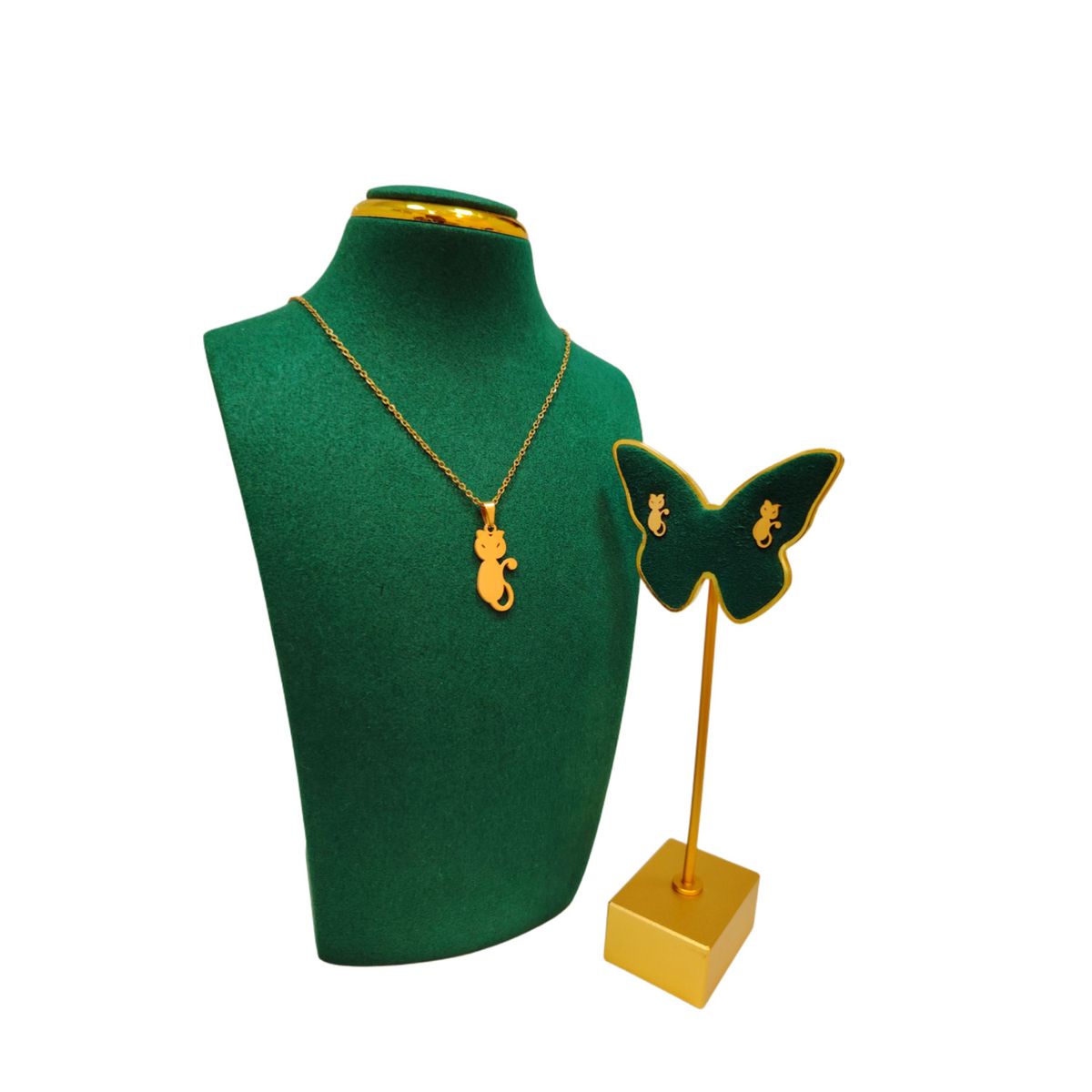 GENERICO - Pack Acero Collar con dije y Aretes - Silueta Gato M5 Dorado