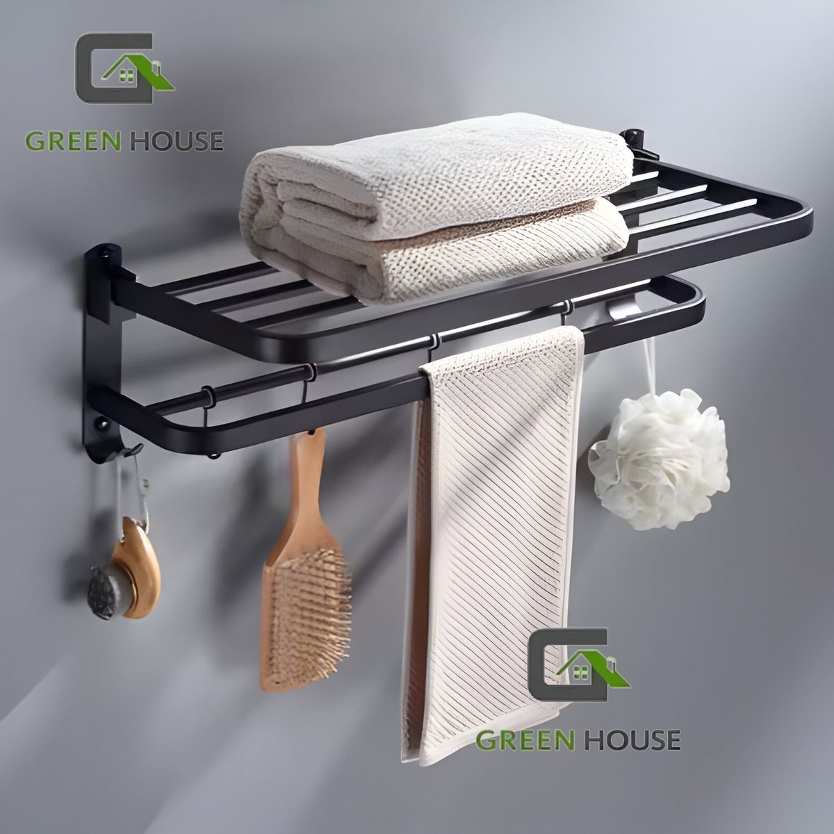 GREEN HOUSE - TOALLERO ACERO INOXIDABLE CON REPISA  MULTIUSO SUS 304 NEGRO MATE