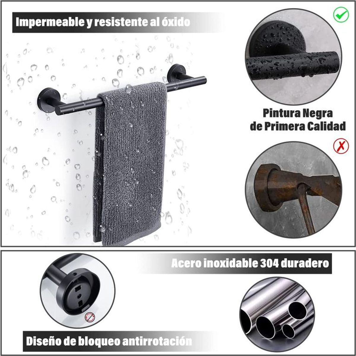 QUICK - Set De Accesorios Dbaño Acero Inoxidable Negro Plata 5 U