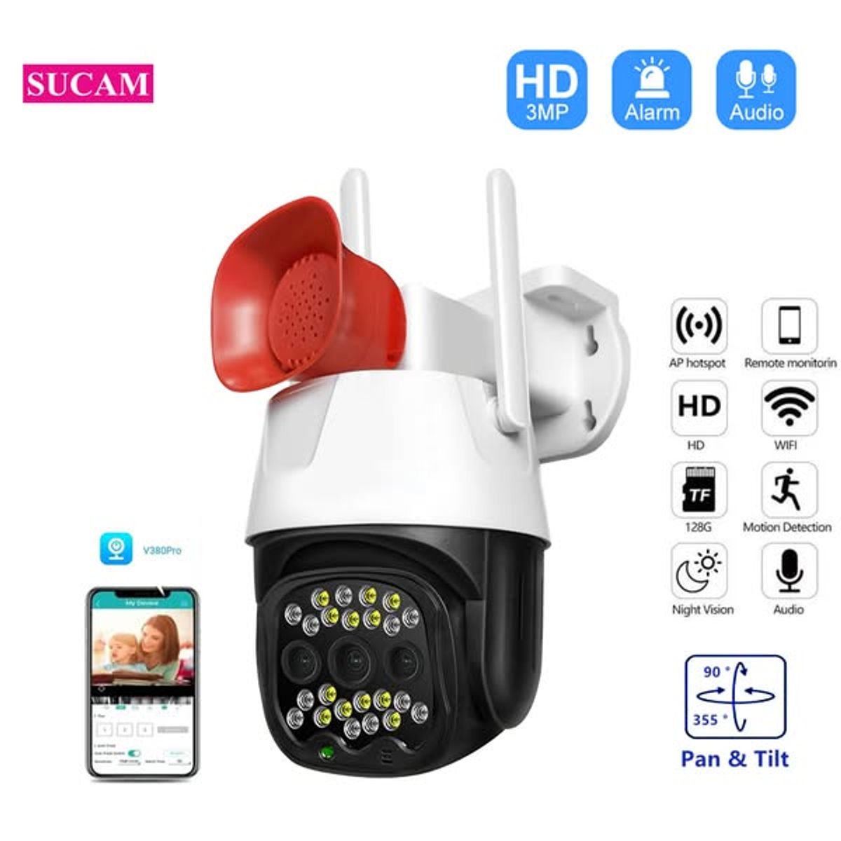 GENERICO - CAMARA SEGURIDAD WIFI IP 360° SENSOR DE MOVIMIENTO VISION NOCTURNA C ALARMA