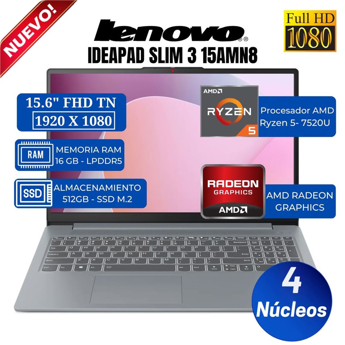 LENOVO - Laptop Lenovo IdeaPad Slim 3 15AMN8 15.6" FHD TN, AMD Ryzen 5-7520U ,Ram 16GB, SSD 512GB, Free Dos