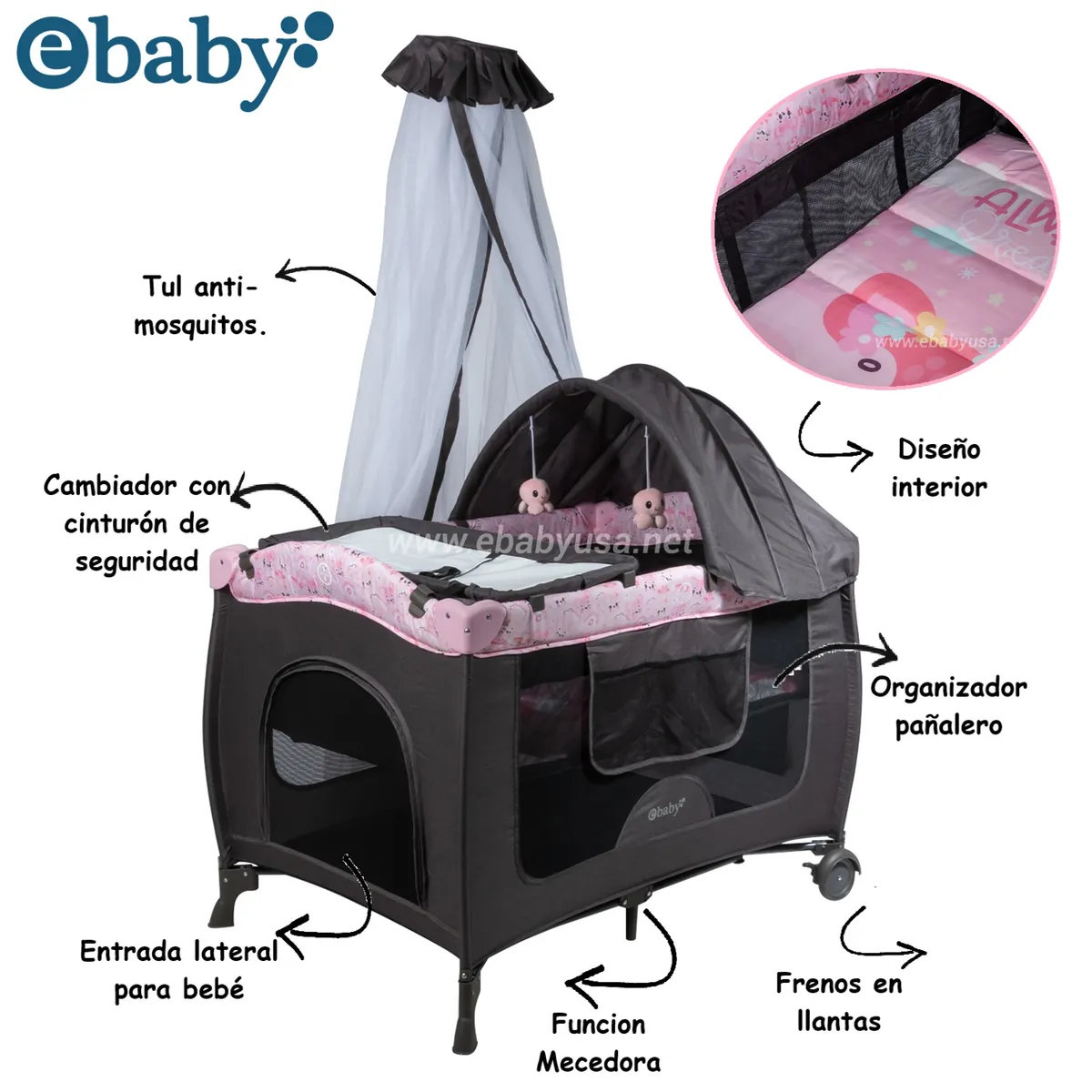 Cuna corral con Funcion Mecedora y Camiador Sally, marca EBABY - Foto Principal
