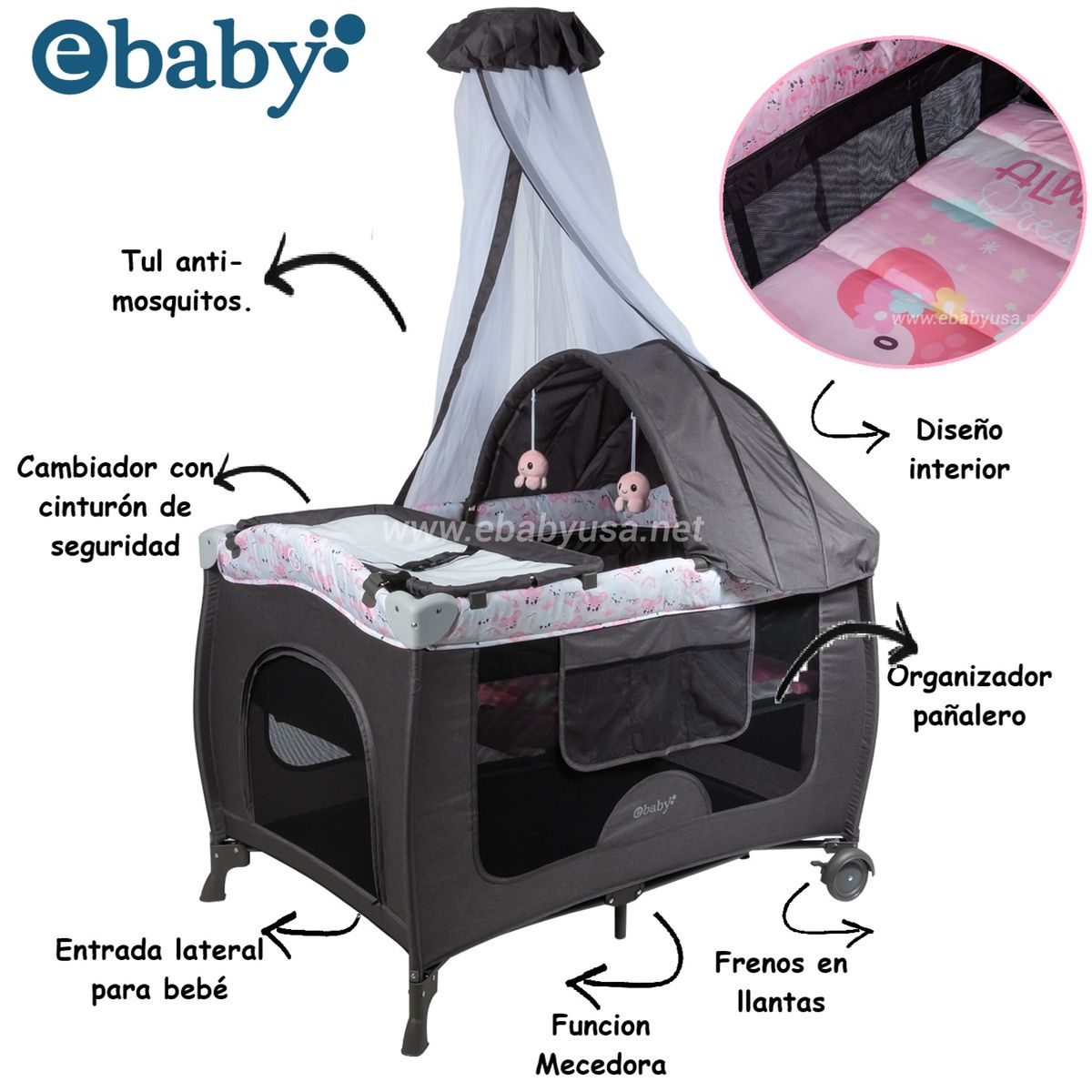 EBABY - Cuna corral con Funcion Mecedora y Camiador Sally GR