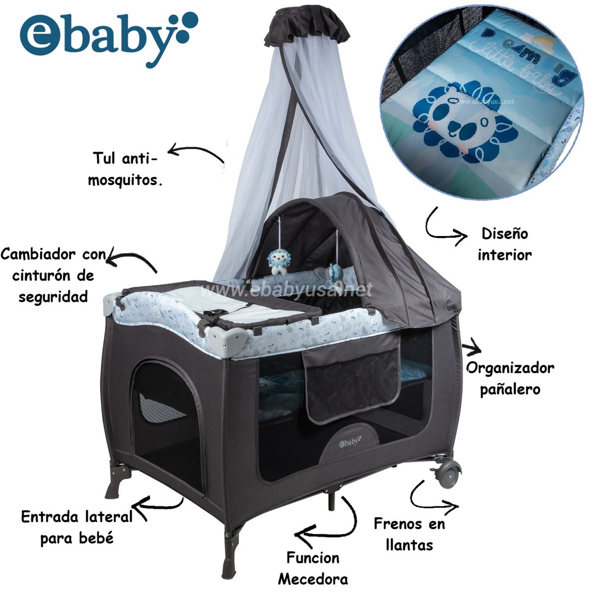 Cuna corral con Funcion Mecedora y Camiador Sally GZ, marca EBABY - Foto Principal